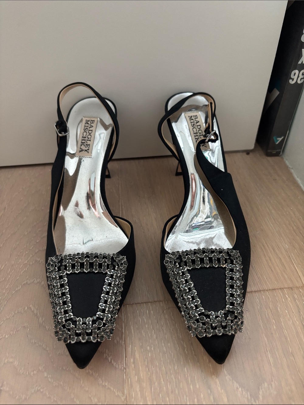 Badgley Mischka Black Pointed Slingback Heels with Crystal Buckle